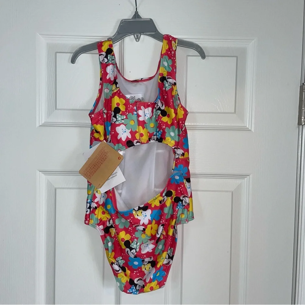 Disney Girls Red Floral Minnie One-Piece Swimsuit with Blue Bow